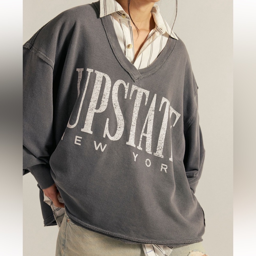 FREE PEOPLE WE THE FREE VENICE V-NECK GRAPHIC SWEATSHIRT UPSTATE NY NWOT sz L - Picture 3 of 10